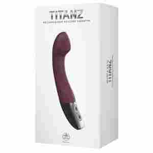 Product packaging for TITANZ rechargeable silicone vibrator, showing a purple curved vibrator.