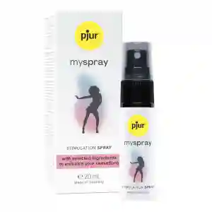 Pjur myspray stimulation spray bottle beside its white box with yellow logo, labeled 'm y spray' and 'Made in Germany'