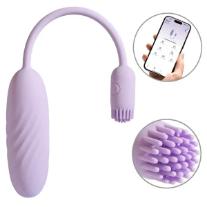 Purple flexible personal massager with curved neck and textured brush-like head, shown with a smartphone app control in a circular inset.
