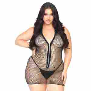 Plus Fishnet Zip Up Mini Dress
