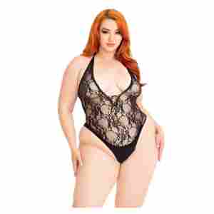 Plus Floral Lace Deep-V Teddy